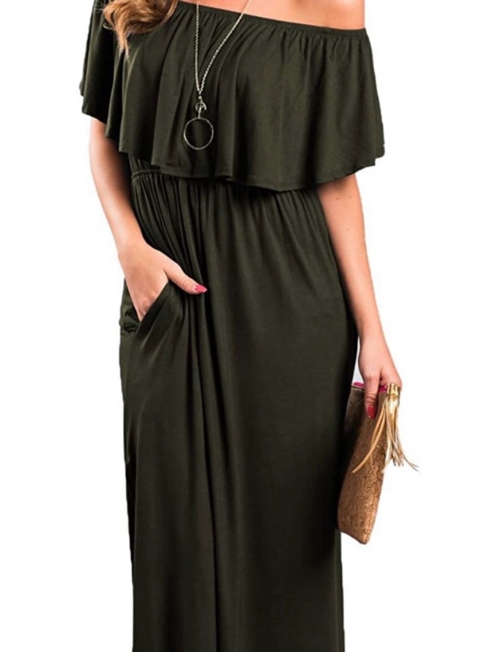 Sarin Matthews Off-Shoulder Ruffle Maxi Dress in Olive with Pockets Size XL